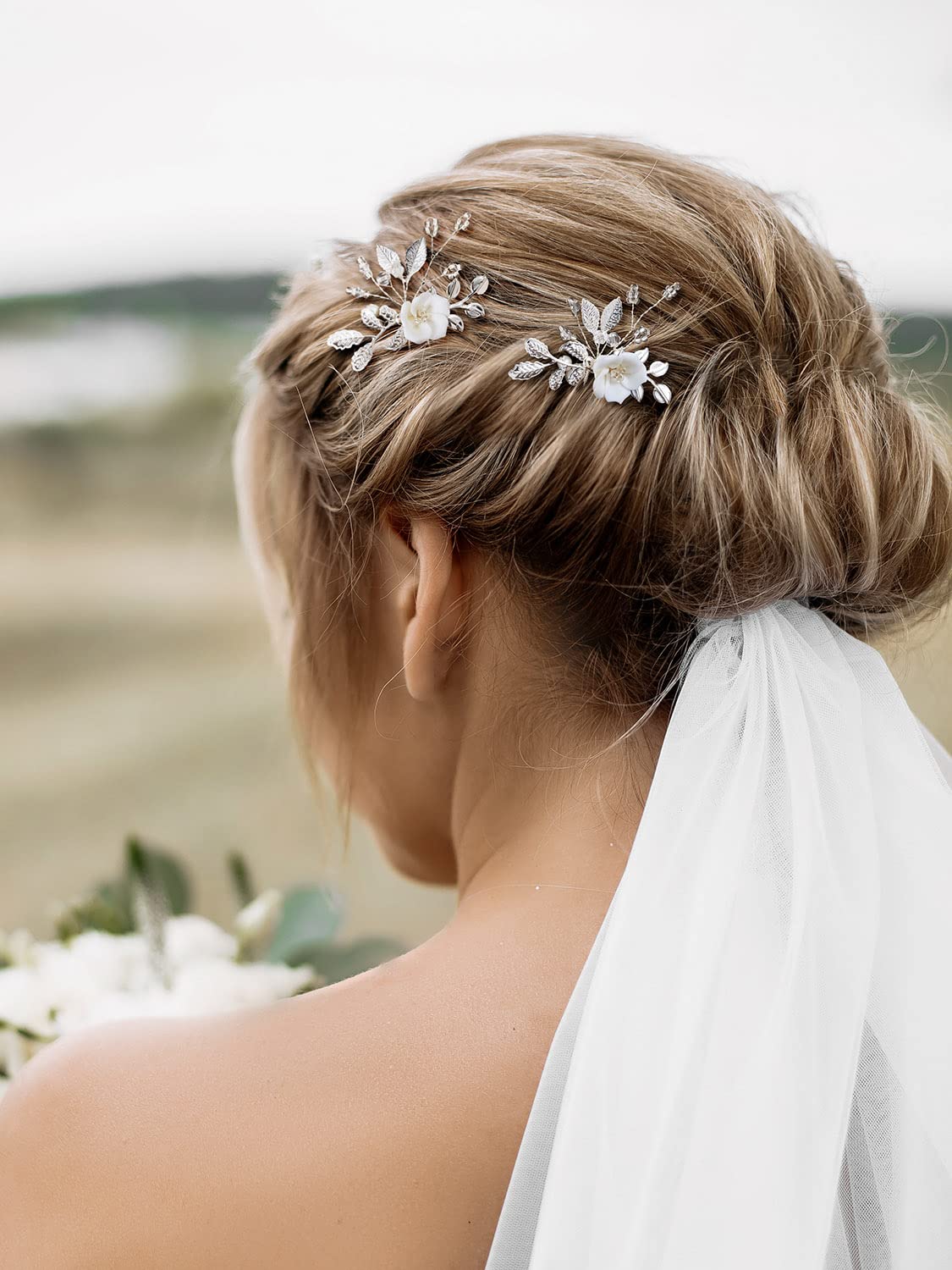 SWEETV 2Pcs Bridal Hair Accessories,Silver Wedding Hair Pins Pieces With White Flowers for Brides
