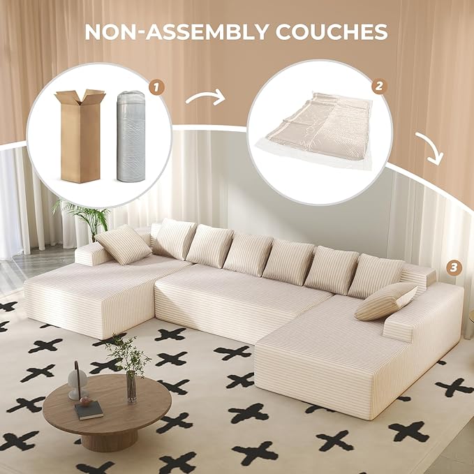 131'' U Shaped Sectional Couches with Chaise Lounge, U-Shaped Boneless Deep Seat Modular Sofa for Living Room 1PCS, Bedroom(Beige)