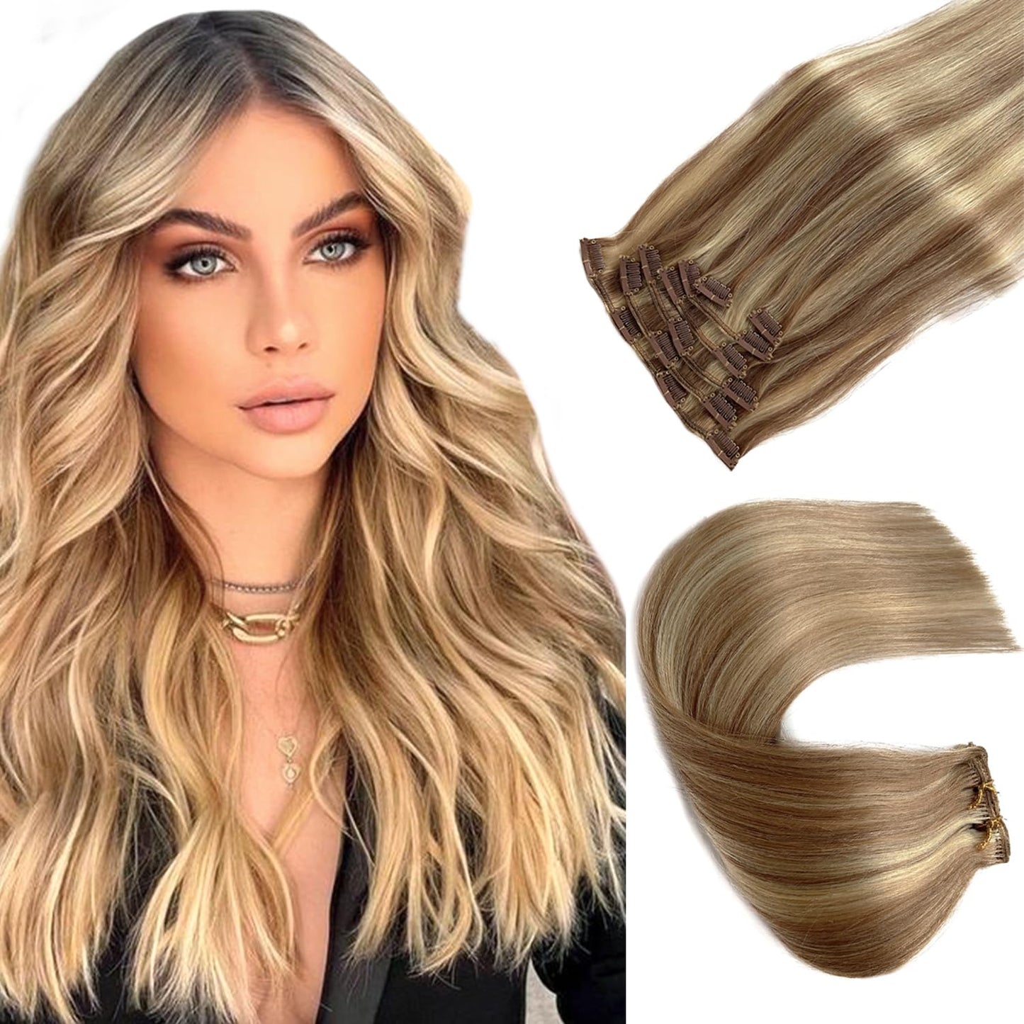 Clip in Hair Extensions Real Human Hair Clip in Extensions,18 inch Brown and Blonde Highlights Remy Real Hair Extensions Clip in