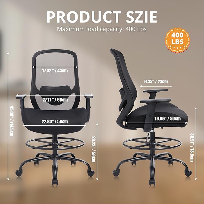 Heavy Duty Office Drafting Chair, High Back Ergonomic Chair,400Lbs Tall Office Chairs, Big and Tall Office Chair with Flip-up Armrest Lumbar Support and Footrest