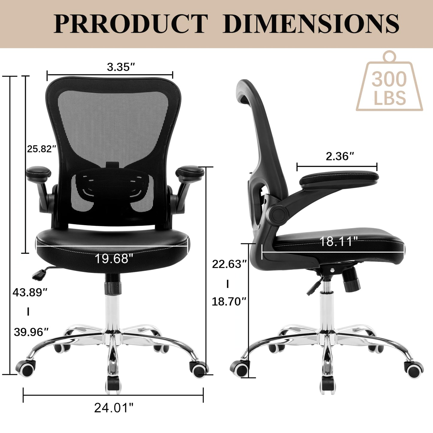 Office Chair, Mesh Ergonomic Desk Computer Chair with PU Leather Flip-up Armrest, Home Task Chair with Lumbar Support, Adjustable Executive Mid Back, Rolling Swivel,Black