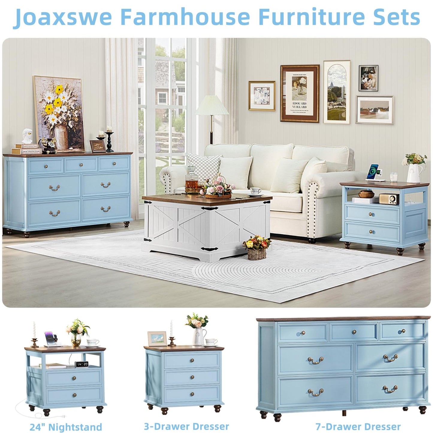 Joaxswe Farmhouse Dresser and Nightstand Sets 3 Piece, Nightstands Set of 2 and 7 Drawers Dresser for Bedroom, 54" Wide Dresser and 24" Inch Night Stand Set for Bedroom, Living Room, Hallway