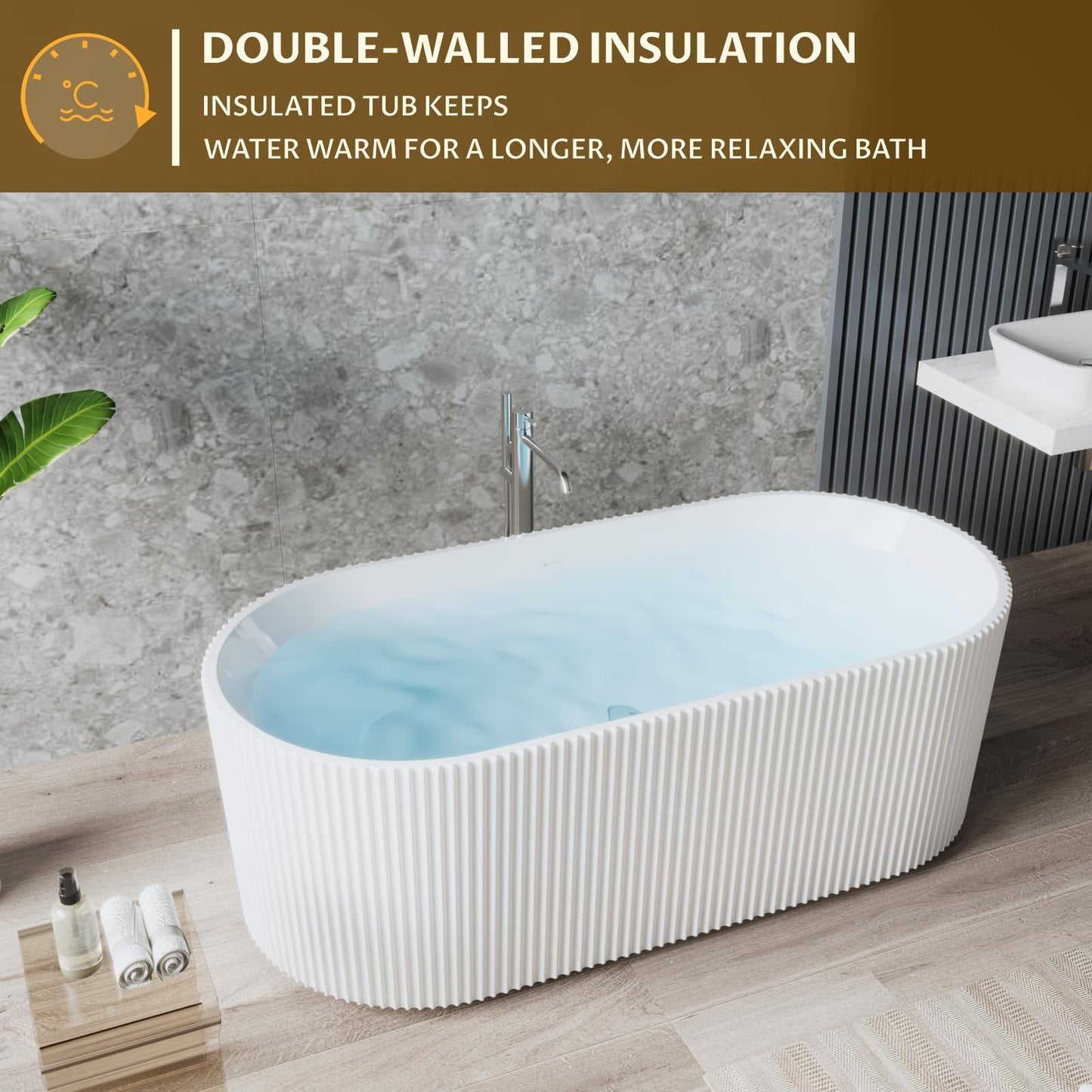 59 Inch Acrylic Freestanding Bathtub, Deep Soaking Tub with Non-Slip Base, cUPC Certified Free Standing Tub, Chrome Drain Bath Tub, Modern Tub for Bathrooms, White