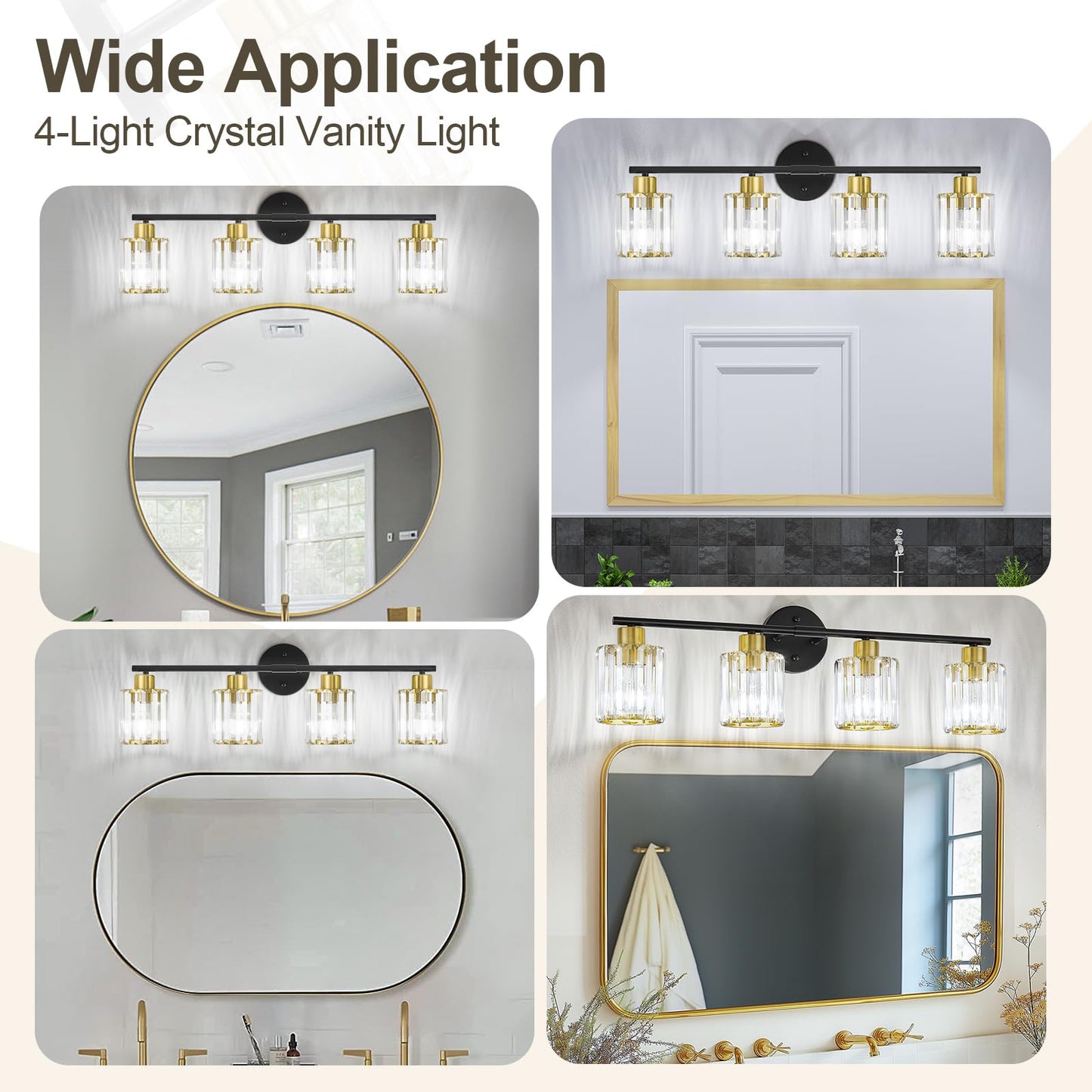 Kvhiiw Crystal Bathroom Light Fixtures, Bathroom Lighting Fixtures Over Mirror, Modern Black Gold 4-Light Vanity Lights for Mirror, Restroom, Bedroom (Ceramic E26 Socket,Bulbs Not Include)
