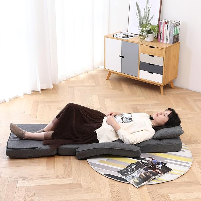 DeeLyan Indoor Floor Chair with Armrest and Pillow Folding Chaise Lounge Sofa 14-Position Adjustable Comfy Gaming Recliner Chair Padded Seats for Adults (Grey)