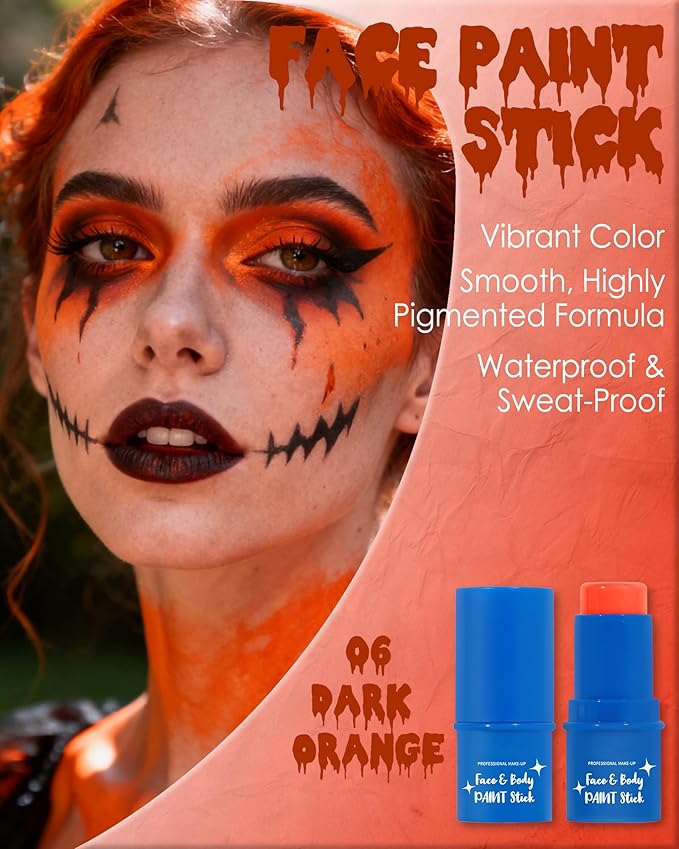 Dark Orange Face Paint Stick, Waterproof Highly Pigmented Full Body Paint for Adults, Dark Orange Eye Black Stick for Baseball Sports, Body Face Painting for SFX Cosplay Halloween Makeup-06
