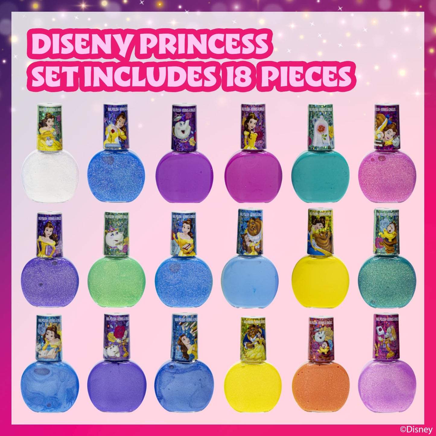 Townley Girl Disney Princess Belle 18 Piece Water-Based Nail Polish Set, Quick Dry and Peels-Off, Nail Paint Set for Girls, Perf