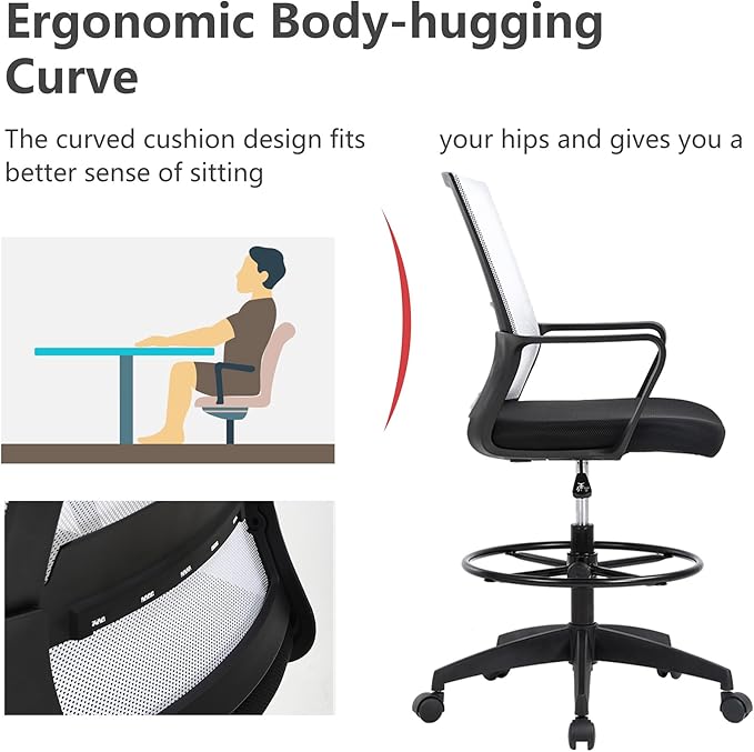 BestOffice Drafting Chair Tall Office Chair Adjustable Swivel Rolling Mesh Height with Lumbar Support Arms Footrest Mid Back for Adults Standing Desk Drafting Stool (Beige)