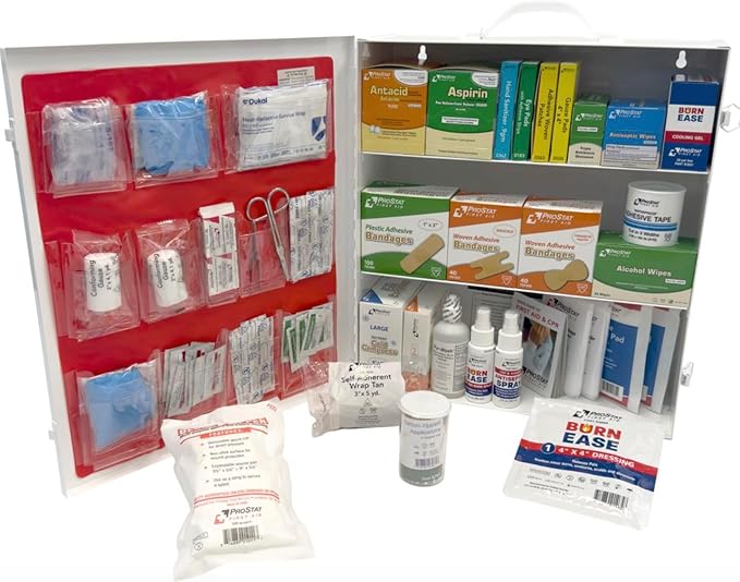 ProStat First Aid 3-Shelf ANSI/OSHA Class A Industrial First Aid Cabinet (Model 8213SP) – Fully Stocked Steel Kit for 100–...