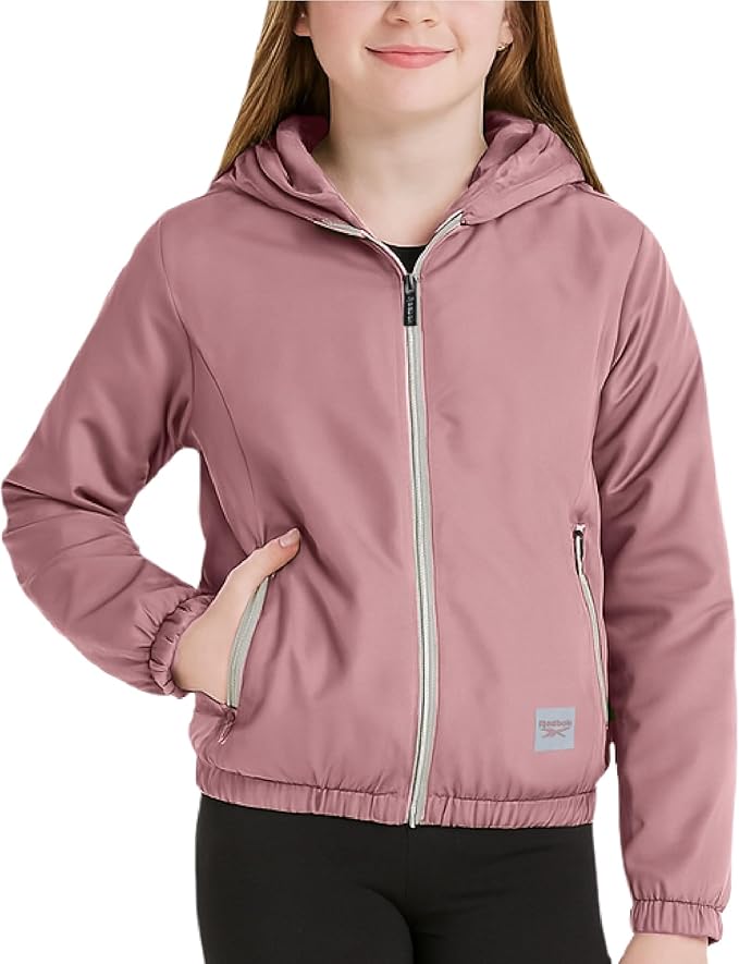 Reebok Girls Windbreaker Jacket - Lightweight Wind and Water Resistant Insulated Girls Jacket with Storm Cuff Sleeves & Hood