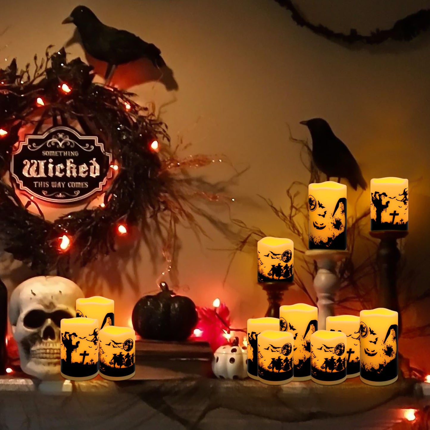 Caketycg 12-Pack Halloween Ink Painting Large Electronic Waxes With Remote Control, Flameless Led Candles For Halloween Spooky,