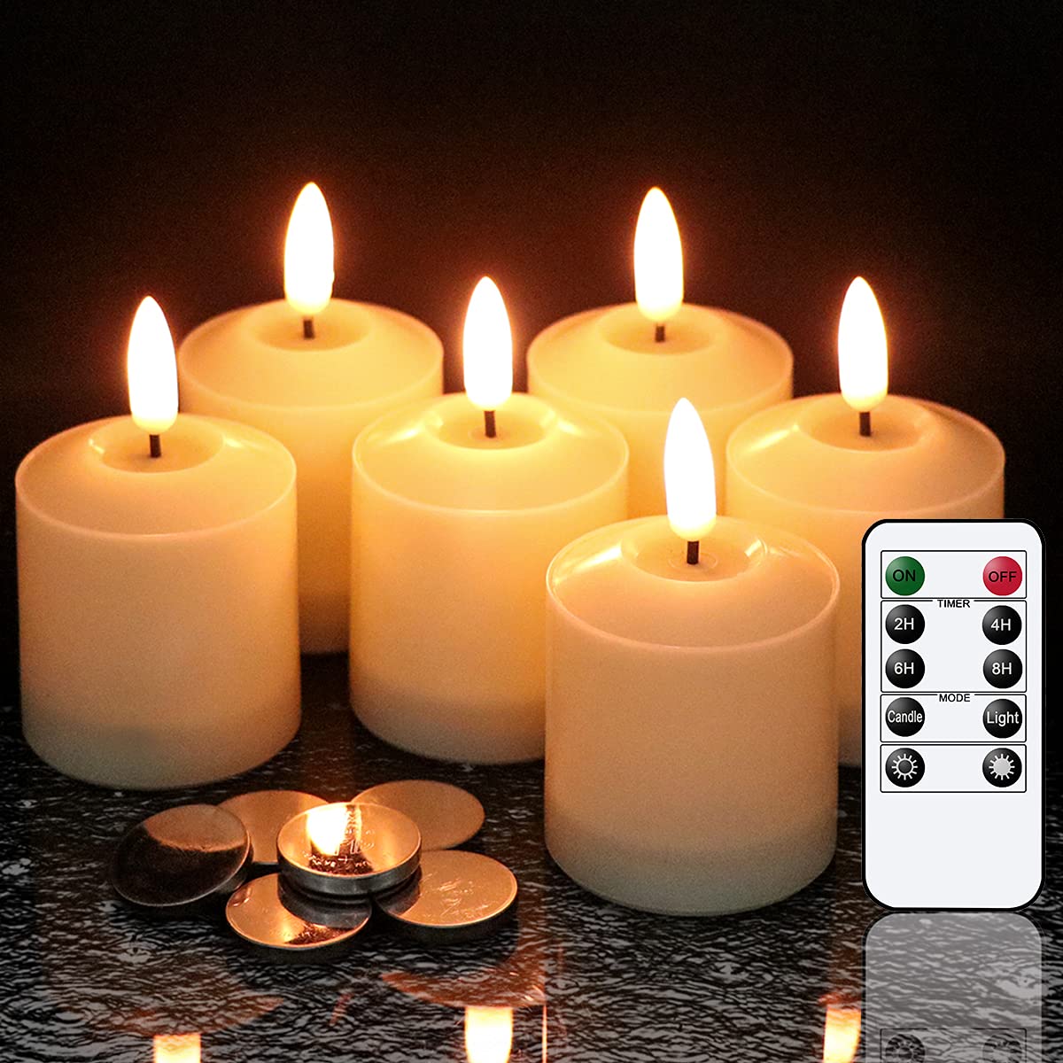 GenSwin Flameless Waterproof Pillar Candles Flickering with Remote & Timer, Battery Operated LED Votive 3D Wick Candles for Indoor Outdoor Lanterns 6 Pack Ivory(Battery Include, 2 x 3.2 Inch)