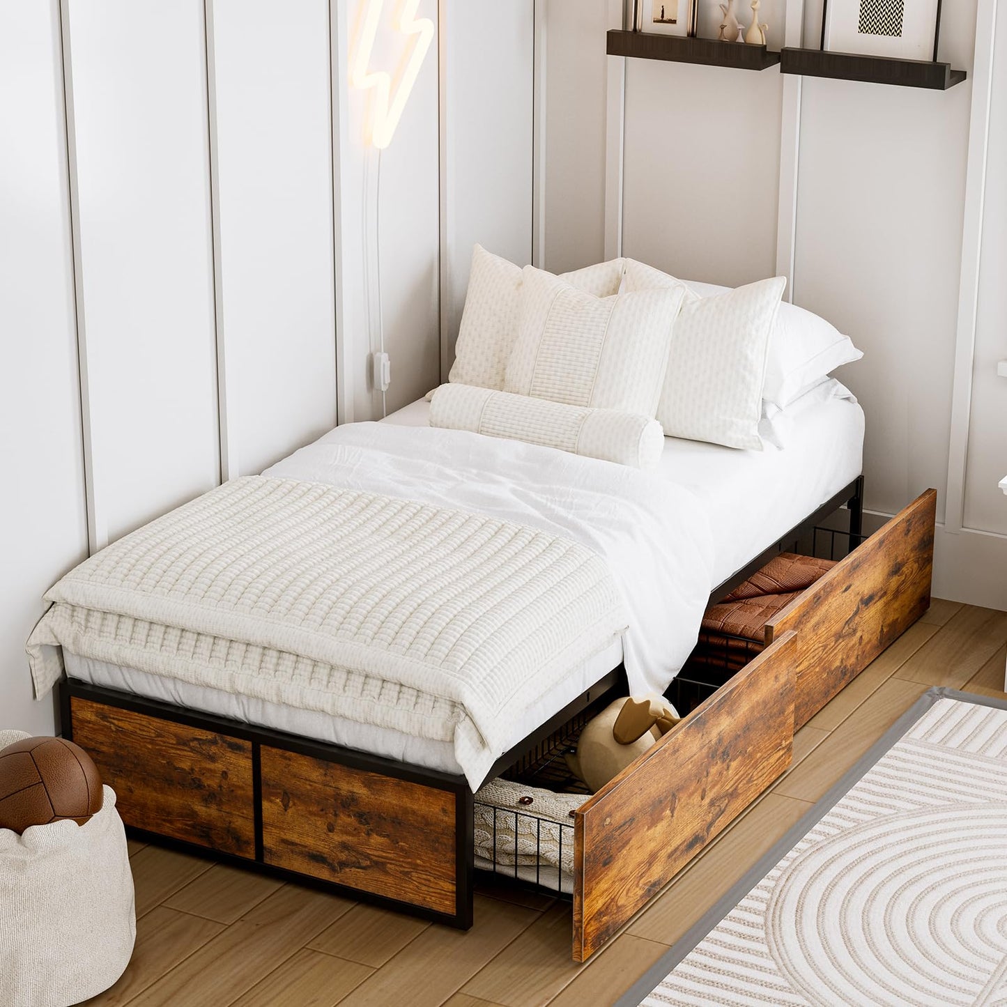 GAZHOME Twin XL Bed Frame with 2 XL Storage Drawers, Metal Platform Bed Frame with Footboard, 9 Strong Metal Slat Support/No Box Spring Needed/Easy Assembly/Space Saving Wood