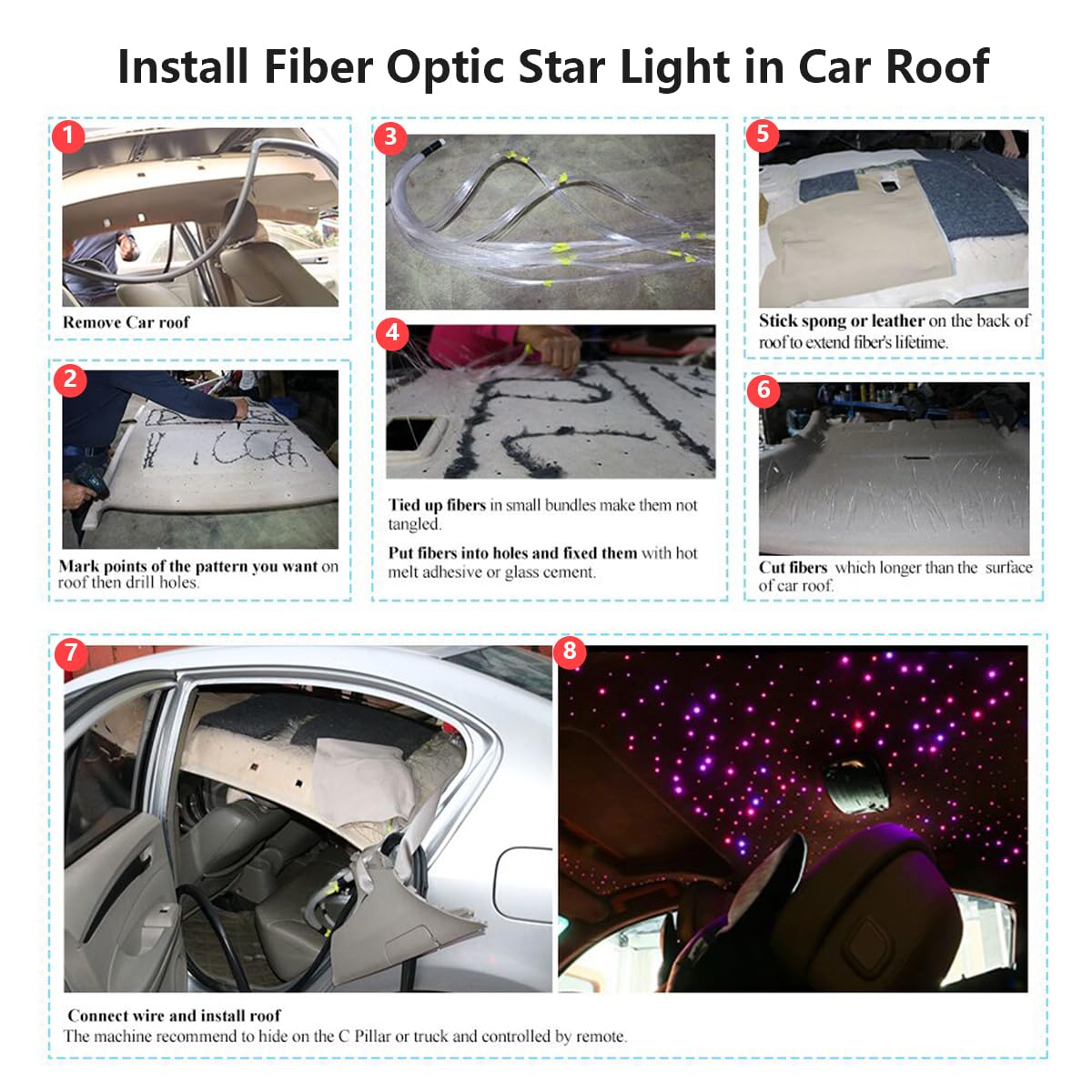 AKEPO 16W RGBW APP Twinkle Fiber Optic Lights, Small Size Music Activated 450pcs 0.03in 9.8ft/3m Optical Fiber Star Ceiling Light Kit for Car Headliner Star/Home