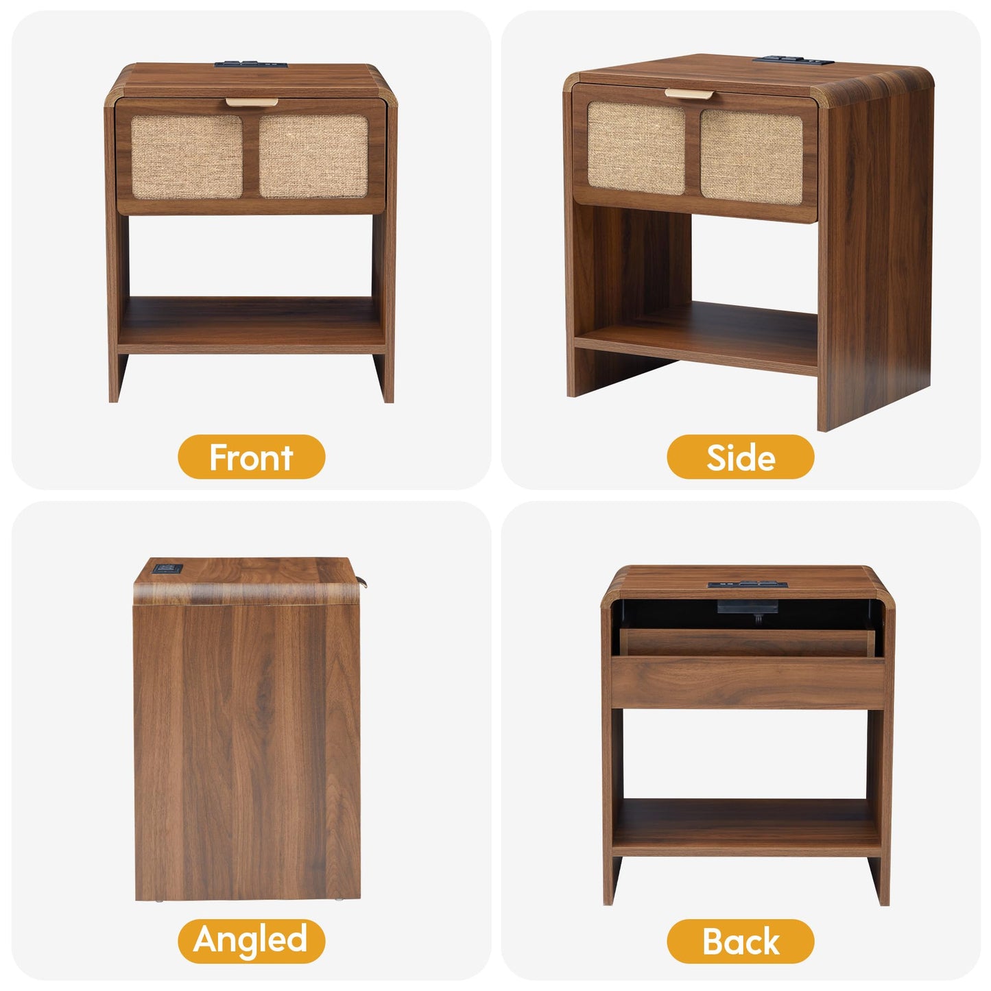 LEVNARY Nightstand Set of 2, Mid-Century Modern Bedside Table with Charging Station and Fabric-Like Textured Drawer, Wooden End Table for Farmhouse Bedroom Living Room (2, Walnut)