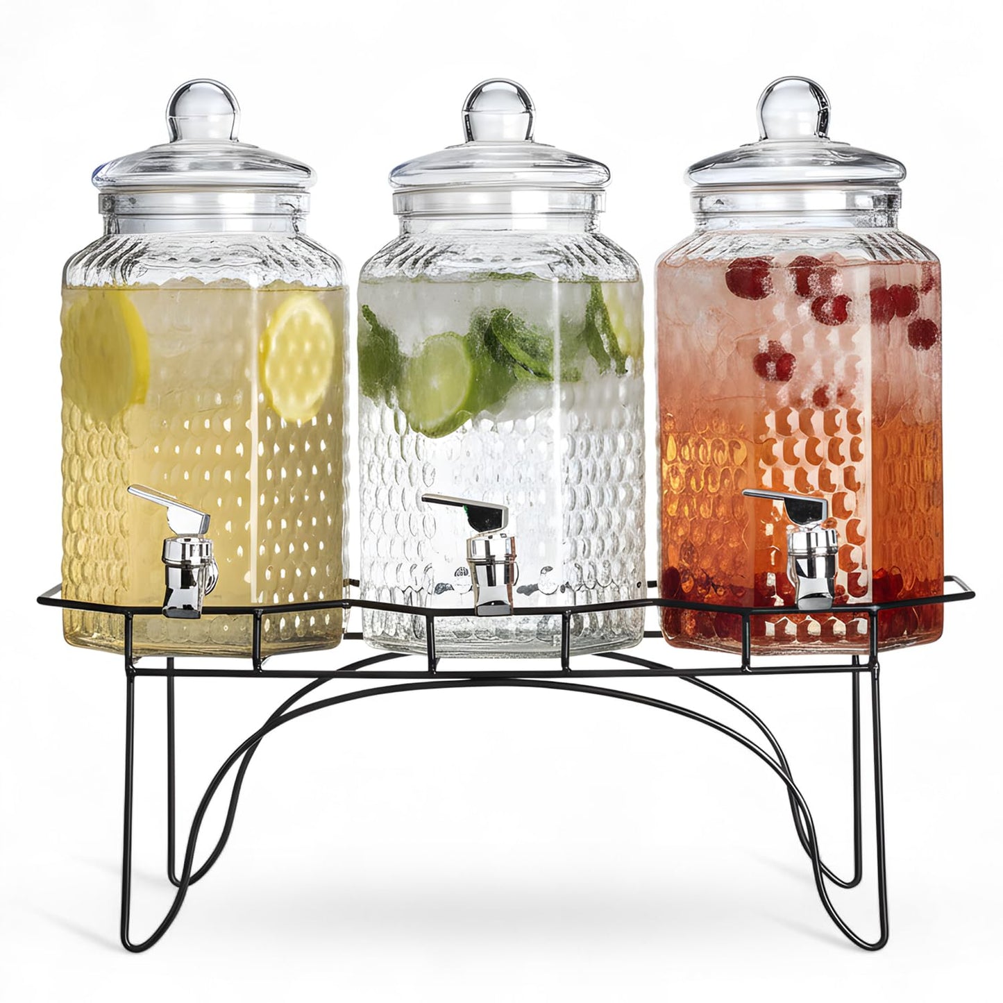 Drink Dispenser Set of 3 - Beverage Dispenser with Stand - Glass Drink Dispensers for Lemonade, Juice, Water, Iced Tea, Punch - 1-Gallon Countertop Party Drink Dispensers
