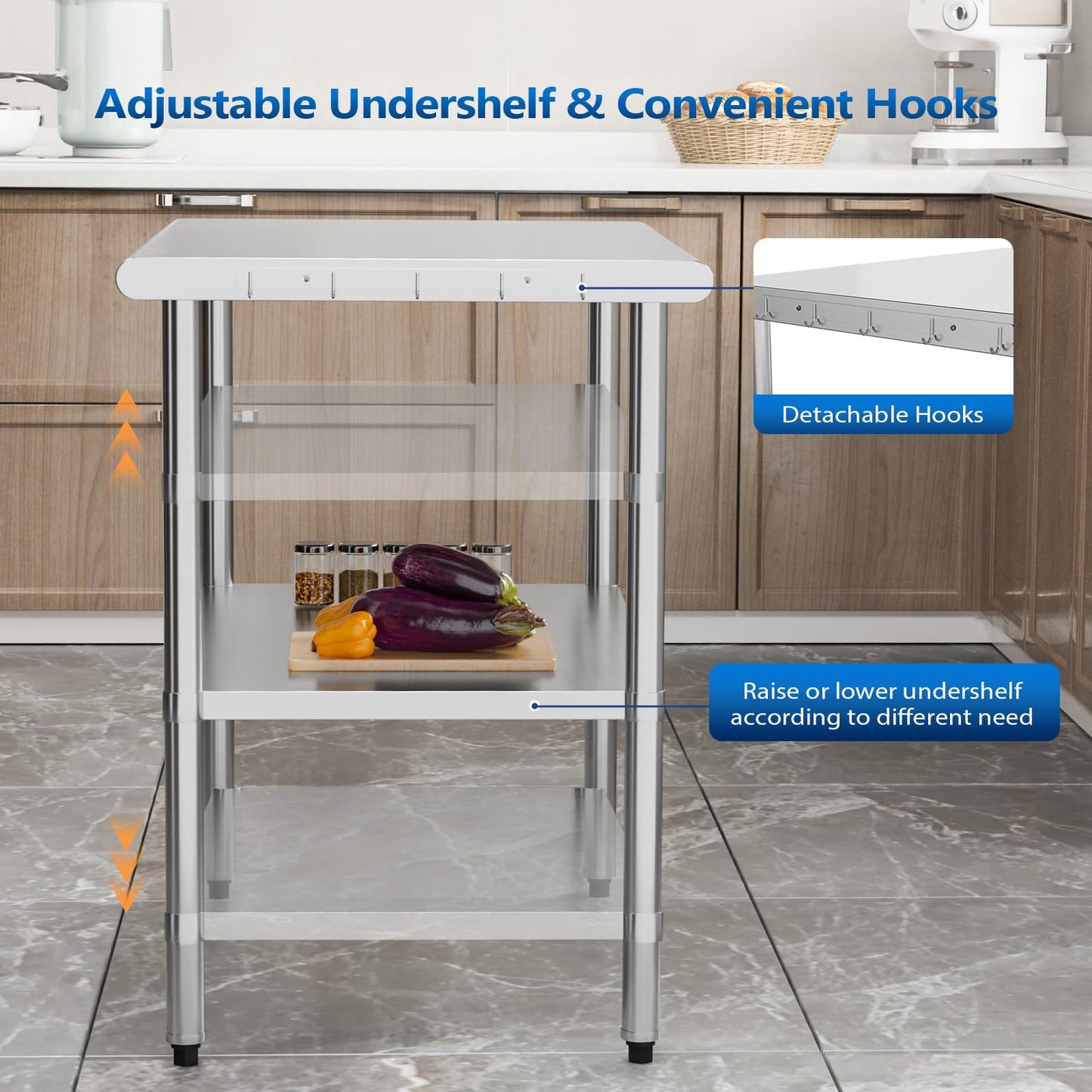 ROVSUN 30'' x 24'' Stainless Steel Table for Prep & Work,Commercial Worktables & Workstations, NSF Heavy Duty Metal Table with Adjustable UnderShelf for Kitchen Restaurant, Home, Hotel, Outdoor