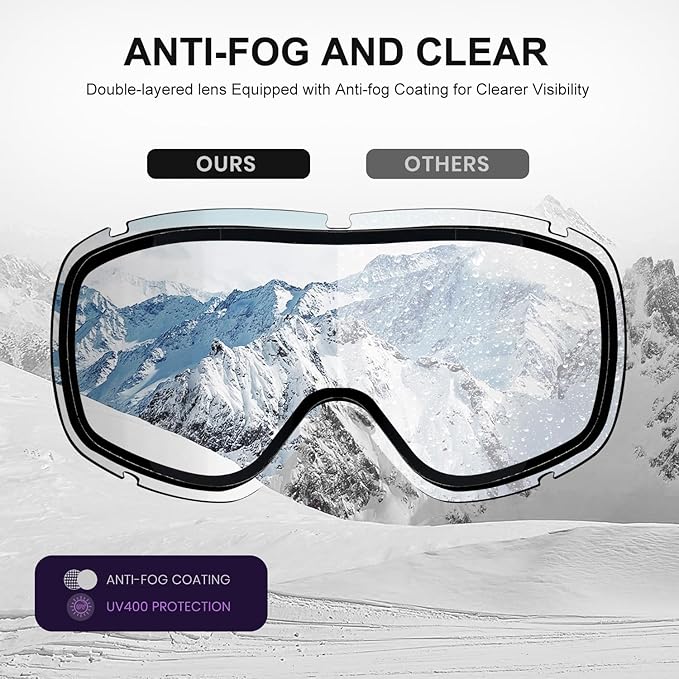 Ski Goggles OTG for Men Women, Anti-Fog Snowboard Goggles UV400 Protection Snow Goggles for Adult Youth