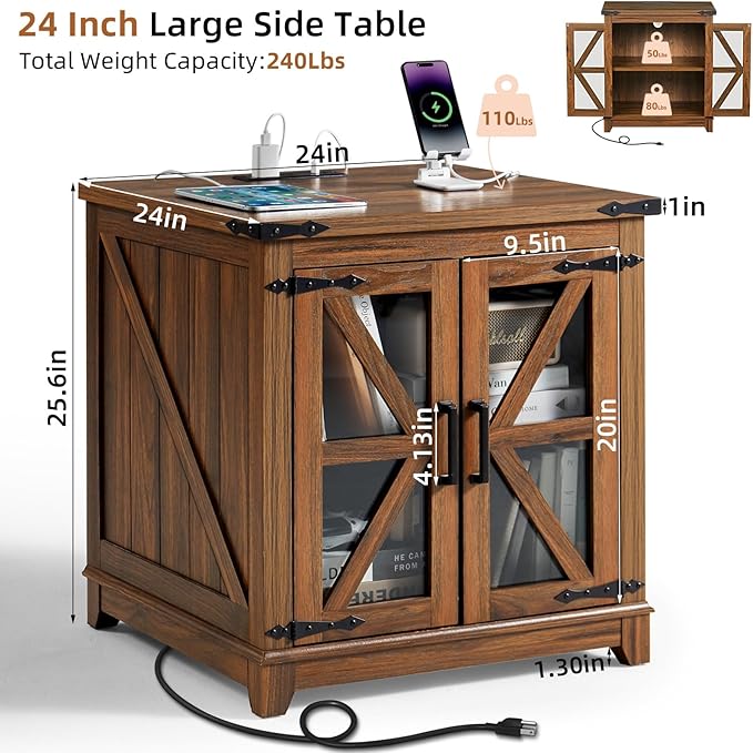 Joaxswe Farmhouse End Table with Charging Station, 24" Large Sofa Side Table with Glass Barn Door, Nightstand with Adjustable Storage Shelf,Wood Square Bedside Table for Living Room,Bedroom