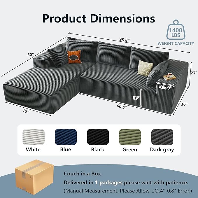 96" Cloud Sectional Couch with L-Shape Chaise, Modern Corduroy Boneless Couch for Living Room,Memory Foam Sofa with Deep Seat,No Assembly Required (Grey,Left-Facing Chaise)