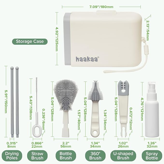 haakaa Travel Bottle Brush Set – 7-in-1 Baby Bottle Cleaner Kit with Bottle Brush, 360° Brush, Straw Brush, U-Shaped Brush, Spray Bottle&Drying Rack for Home and Travel