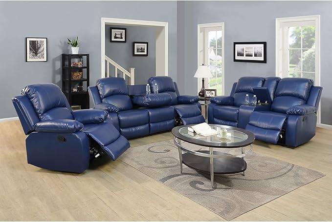 A Ainehome Living Room Furniture Set Leather Recliner Sofa Set Loveseat Chair Furniture Sofa Set for Living Room/Small Space/Rv/House/Office/Theater Seating (A-Blue Leather, 3 Piece Set)