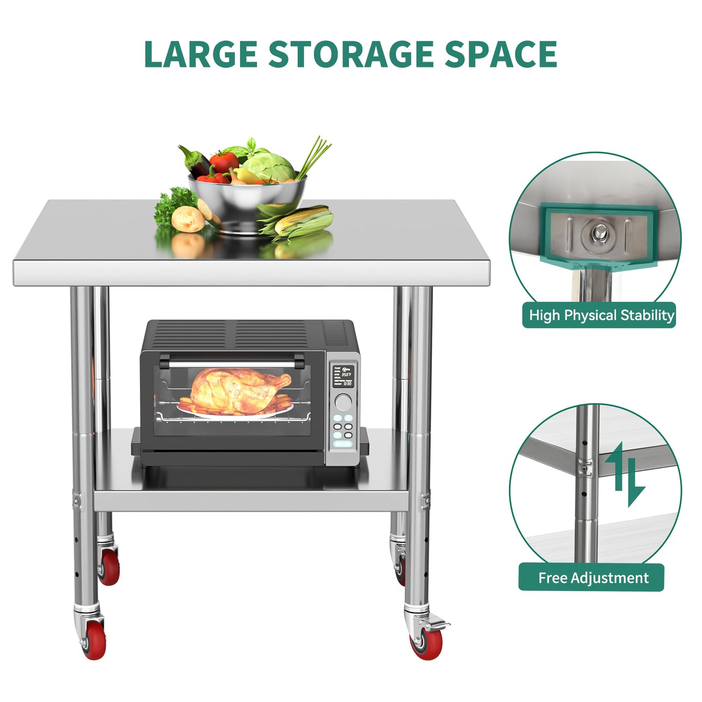 YITAHOME NSF Stainless Steel Table, 30" X 24" Work Table with Wheels, 2 Shelves Metal Prep Worktable for Home Kitchen Restaurant Garage Warehouse Outdoor