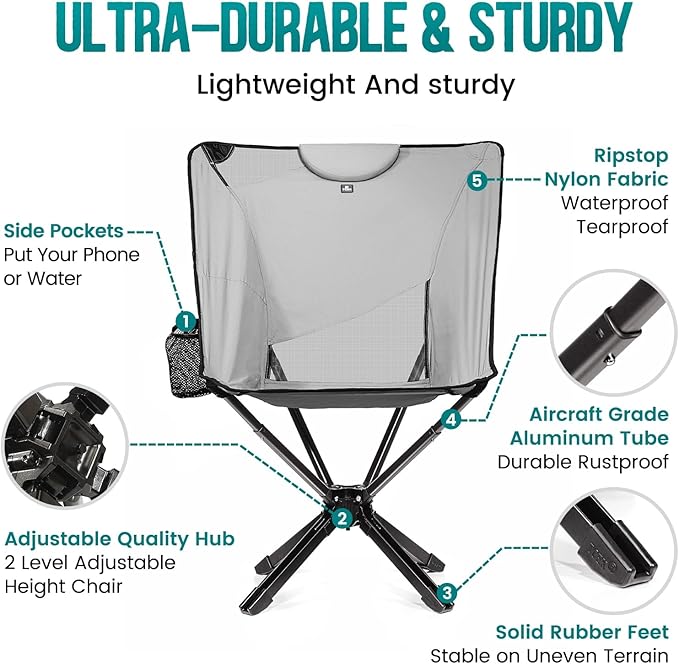 TCEK Portable High Back Camping Chair with Adjustable Height, Small Compact Outdoor Folding Chair for Adults Travel, Riselite Collapsible Lightweight Packable Camp Chairs, Easy Carry and Quick Setup