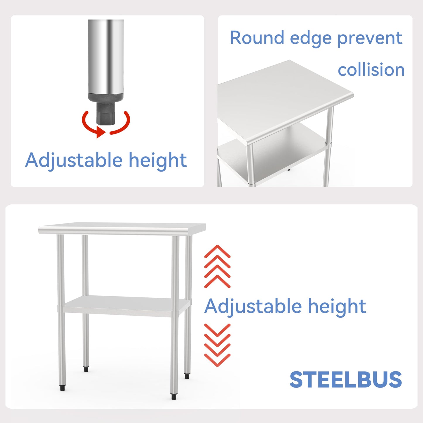 Stainless Steel Table (Backboard Table+Adjustable Legs, 24 x 48 Inch)