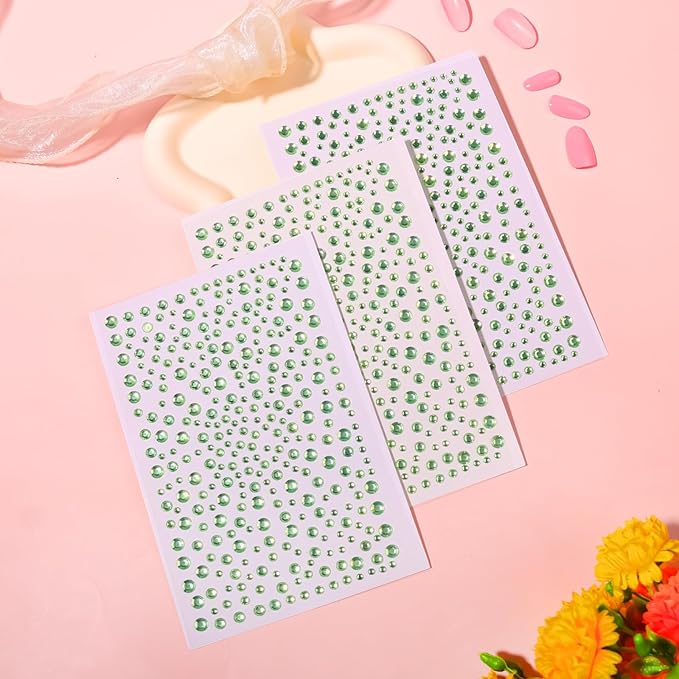 Self Adhesive Face Gems and Pearls for Makeup, Festival Jewels, Hair Gems, Rhinestone Stickers for Face, Eye, Makeup, Nail, Body, Crafts 3/4/5/6 mm 975Pcs (11.gem_LightGreen)