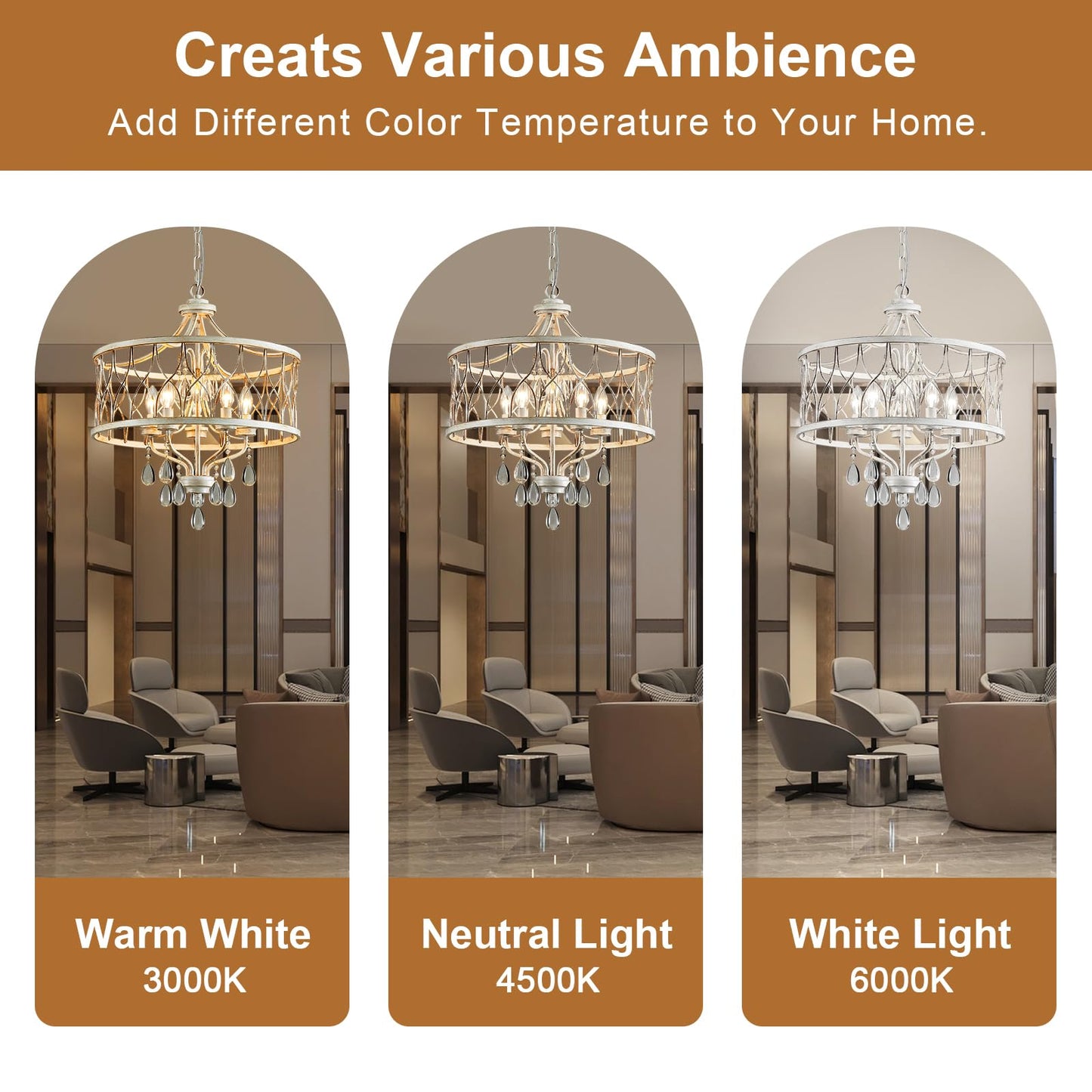 Uiimeces Modern Crystal Chandelier, 5-Light Farmhouse White Chandelier for Dining Room Vintage Hanging Pendant Light Fixtures Round Chandelier for Kitchen Island Entryway Foyer Bedroom Office Bar