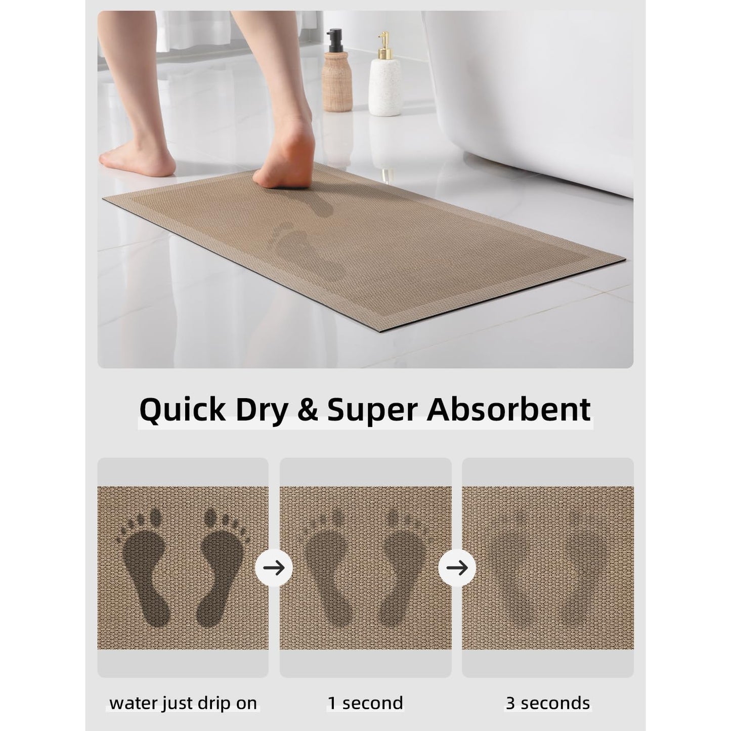 YIHOUSE Ultra Thin Jute Print Bath Mat -24"x 16" Super Absorbent Quick Dry Thin Bathroom Rugs Fit Under Door, Non Slip Rubber Backed Mat Washable Bathroom Floor Mats for Shower Room,Sink