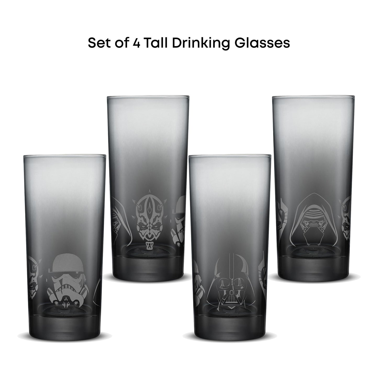 JoyJolt Star Wars Dark Side Drinking Glasses Set of 4, 15oz Highball Glasses, Tall Glass Cups ft Darth Vader Stormtrooper Darth Maul Kylo Ren and General Grievous, Star Wars Merch