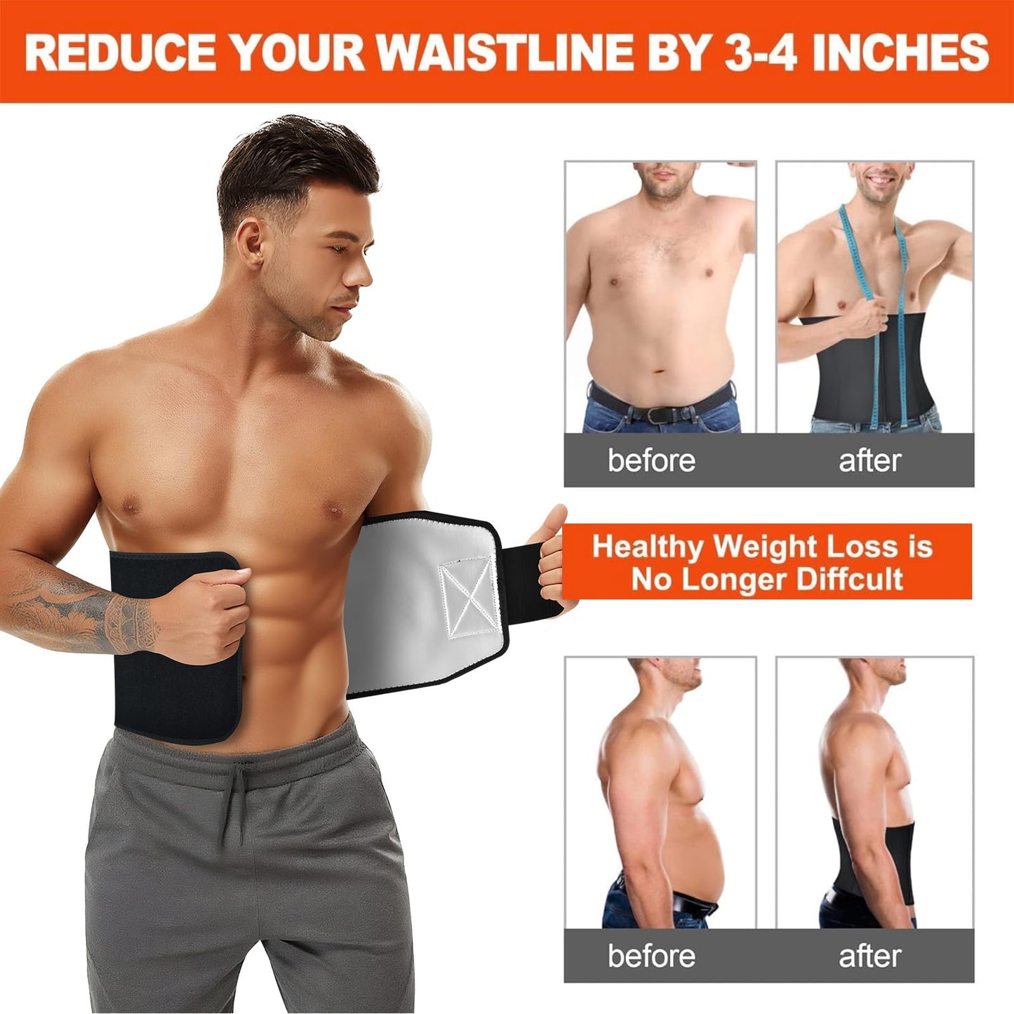 AMZBOSS Waist Trainer for Women & Men, Waist Sweat Band, Belly Band Sweat Belt, Stomach Wrap, Body Shaper Belt (Black/Silver, Medium)