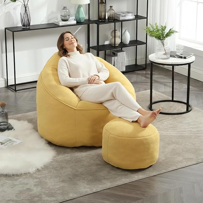 Bean Bag Chairs, Gaint Bean Bag Couch with Memory Foam for Adults and Kids, Microfiber Upholstered Sofa with Ottoman, Comfy Lazy Bean Bag Reading Chair for Living Room