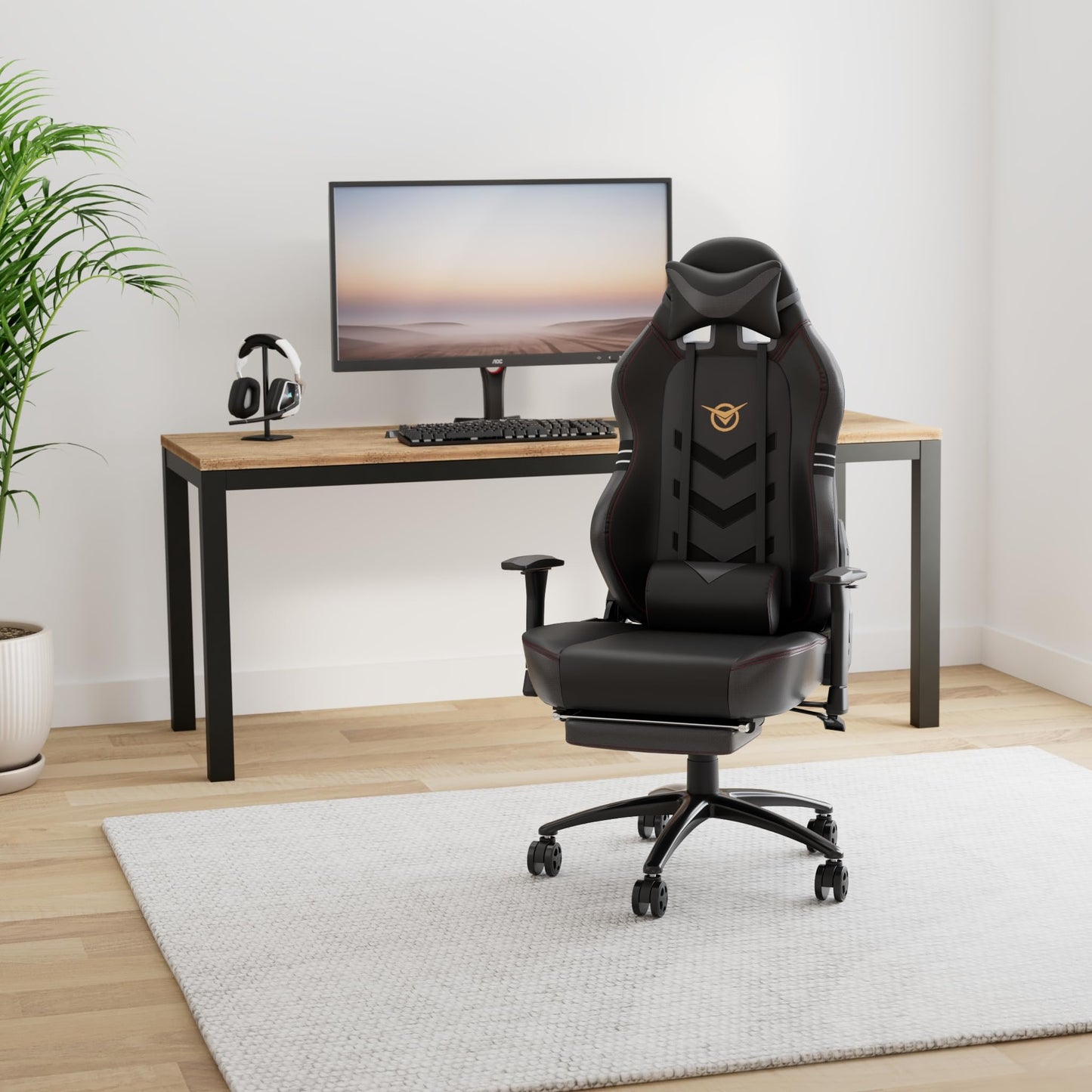 Big and Tall Gaming Chair with Footrest 350lbs, Computer Gamer Chair, High Back PC Gaming Chairs with Wide Seat, Lumbar Support, Armrest for Adults-Black