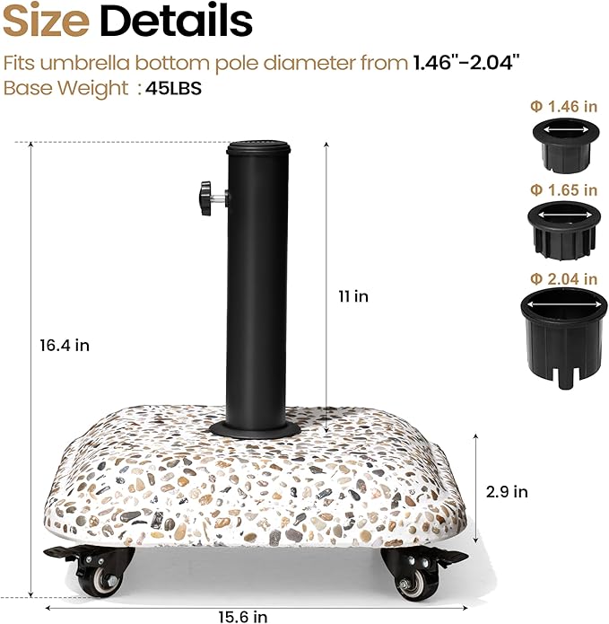 VredHom 45lbs Patio Umbrella Base with 4 Wheels, Square Cobblestone Concrete Stand, Heavy Duty Market Umbrella Stand for Outdoor