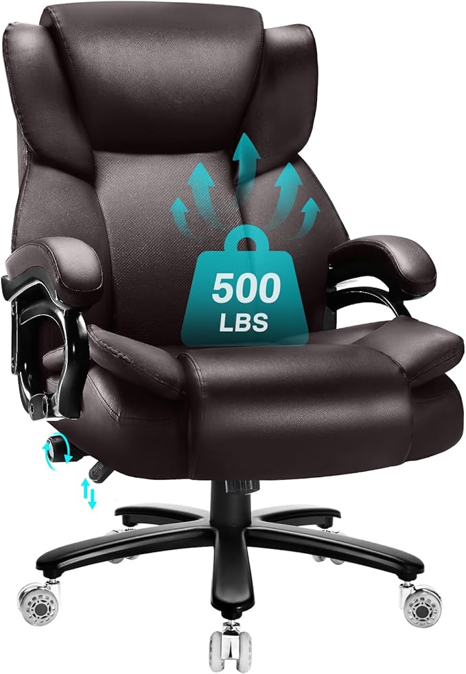 500lbs Big and Tall Office Chair with Dual Rubber Wheel and Pocket Spring Cushion, Comfy Heavy Duty Office Chair for Low Back Pain Relief, Large Executive Desk Chair with Adjustable Lumbar Support