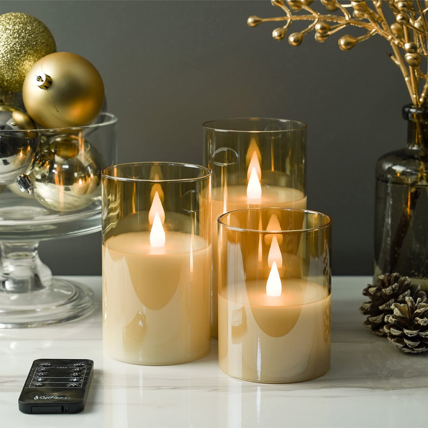 Softflame Flickering Flameless Gold Glass LED Candle,Set of 3: 3"x 4",3" x 5",3" x 6", with Remote Control
