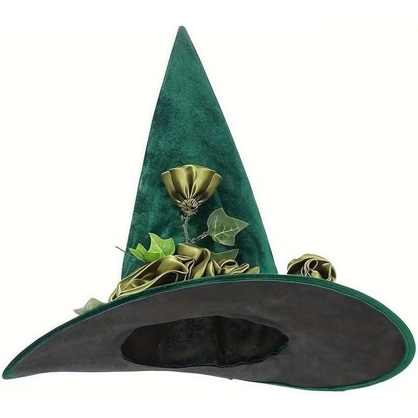Pvoiue Witch Hat Green Detachable Witch Headband Hat Costume Accessories for Women Halloween Party Elvet Elegant Hats with Vine And Flowe Designs 16.9''x14.9'', 1Pcs