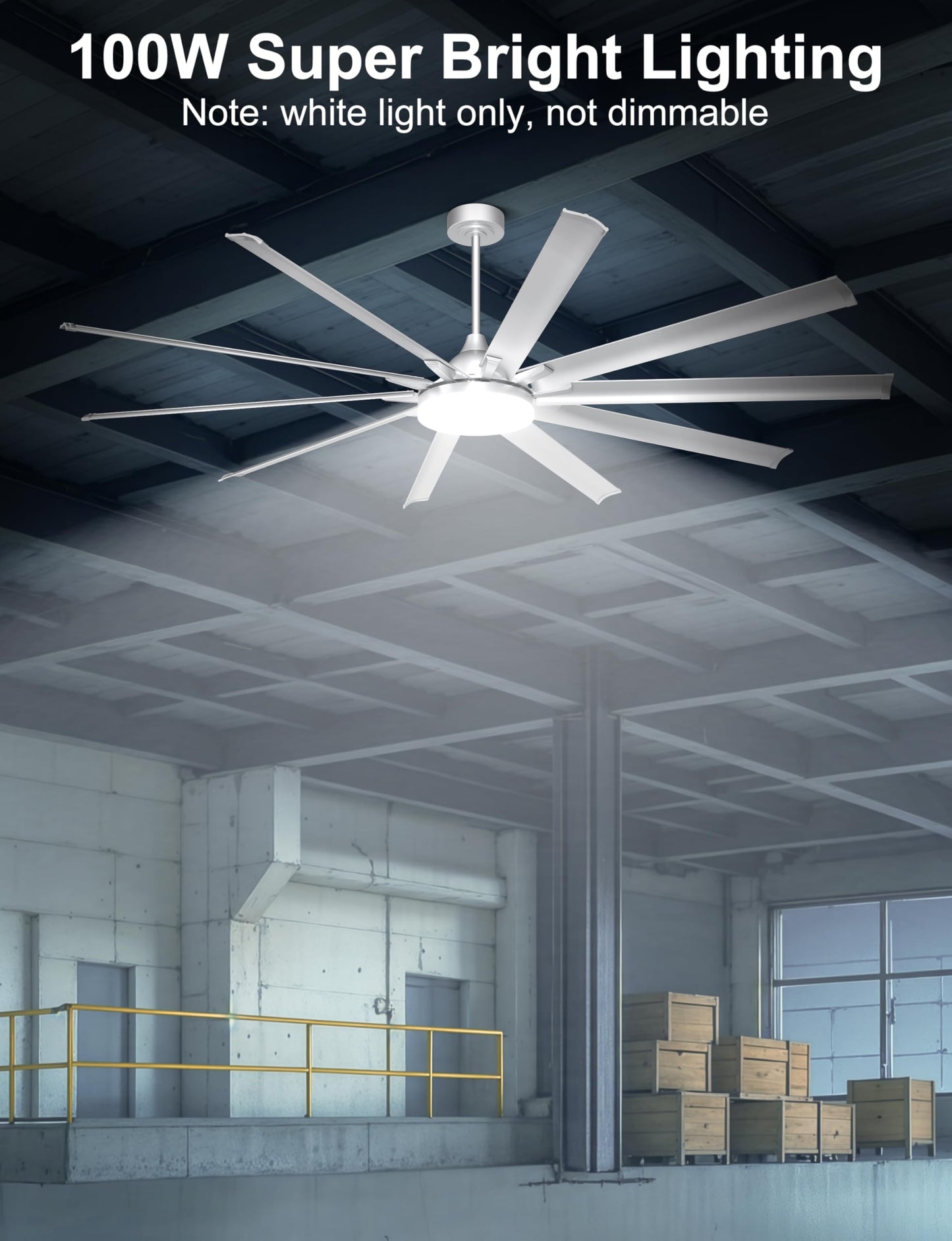 Ohniyou 96 Industrial Ceiling Fan With Bright Lights - Remote/App Control, High Cfm, Large Ceiling Fan For Shop, Covered Outdo
