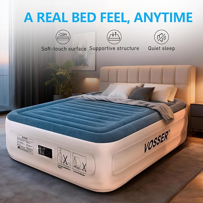 VOSSER Queen Air Mattress with Built-in Pump,18''Fast & Easy Inflation/Deflation Inflatable Mattress, Foldable Blow Up Mattress with Storage Bag, Inflatable Bed for Home, Camping & Guests