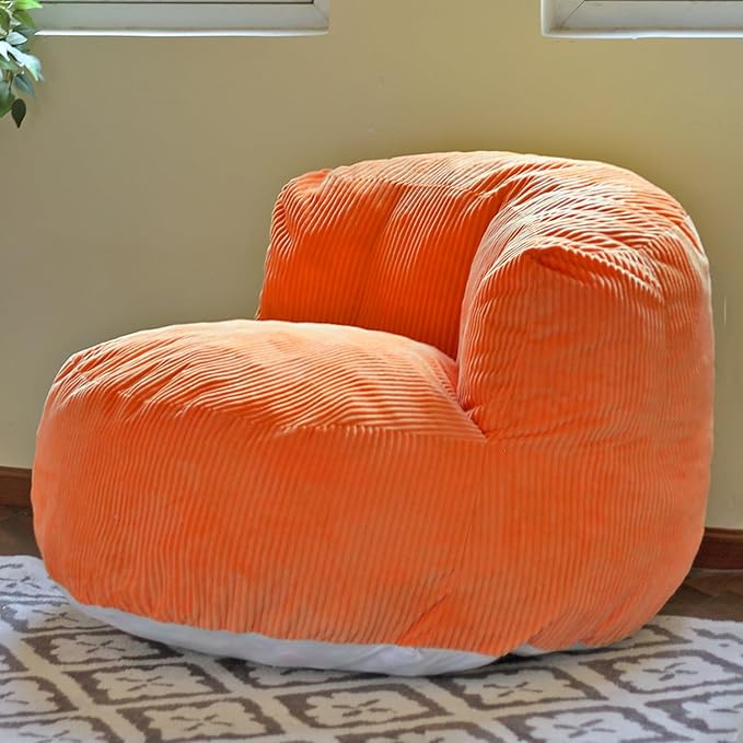 N&V Large Crescent Bean Bag Chair, Adult Size Bean Bag Sack, Foam Filling, Soft Premium Corduroy Bean Bag for Living Room Bedroom Dorm and Office (Tangerine)