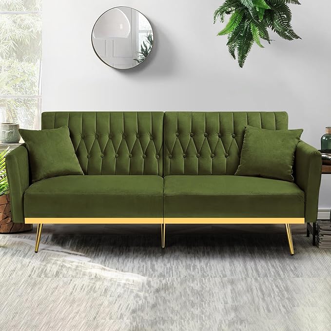 ACMEASE 70” Velvet Futon Sofa Bed w/Adjustable Armrests & 2 Pillows, Convertible Futon Couch w/Adjustable Backrests, Modern Sleeper Bed for Living Room, Bedroom, Olive Green
