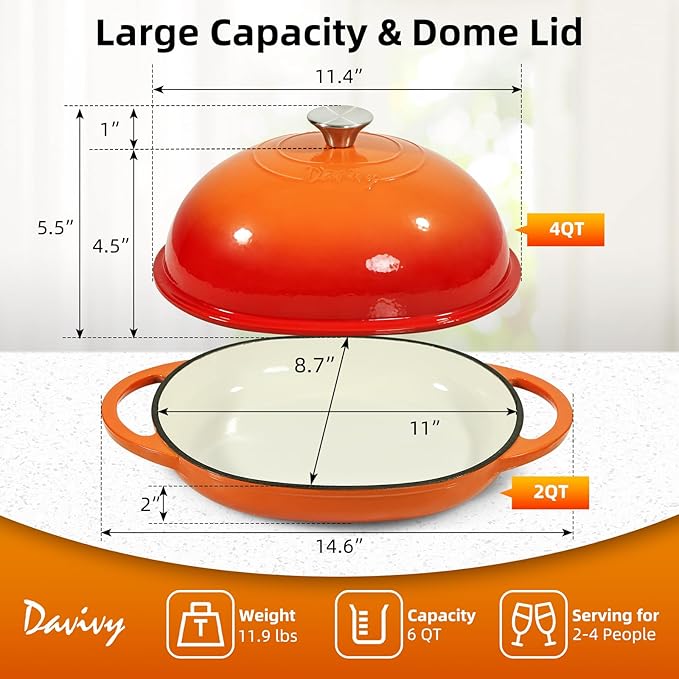 Davivy 6QT Oval Bread Oven with Domed Lid, Enameled Oval Dutch Oven Pot for Sourdough Bread Baking 6QT, Non-stick Cast Iron Sourdough Pan Bread Cloche with Lid - Flame Orange