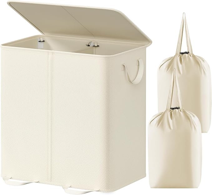 Lifewit Double Laundry Hamper with Lid and Removable Laundry Bags, Large Collapsible 2 Dividers Dirty Clothes Basket with Handles for Bedroom, Laundry Room, Closet, Bathroom, College, 136L Ivory White