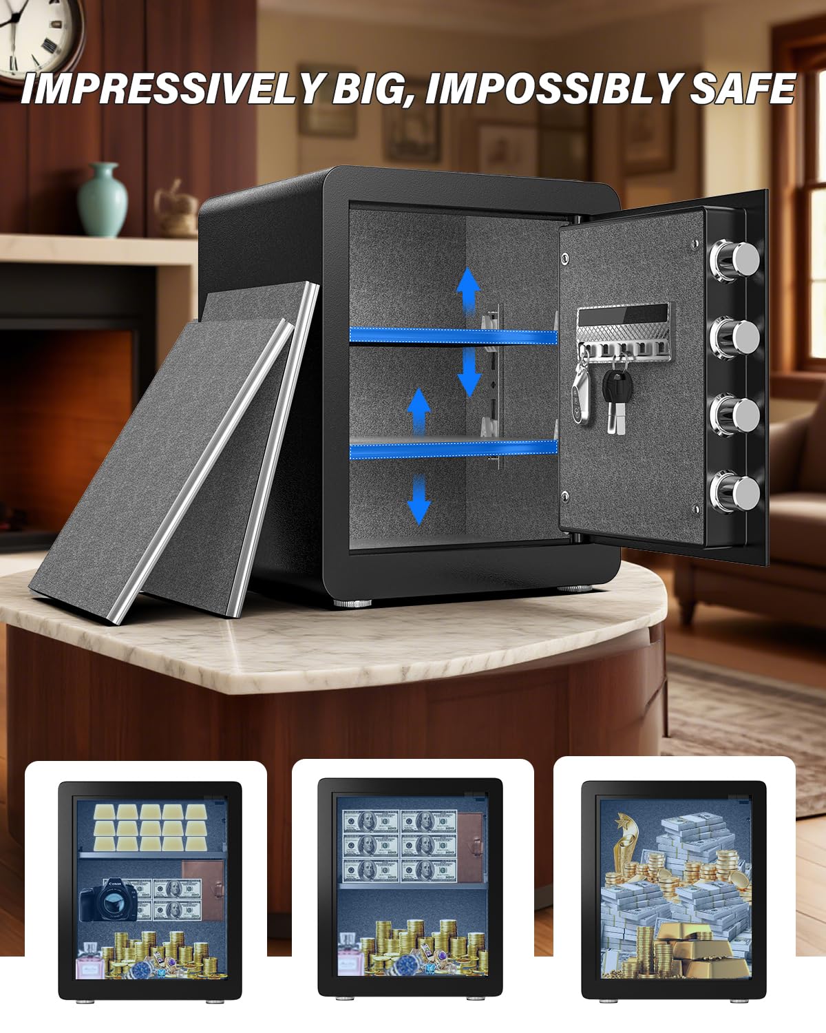 Kavey 2.0 Cub Biometric Safe Box, Fingerprint Safe with Backlit Touch Screen Keypad and Dual Alarm System, Steel Security Lock Box With Mute Function and LED Light, 12.59"D x 14.96"W x 17.72"H