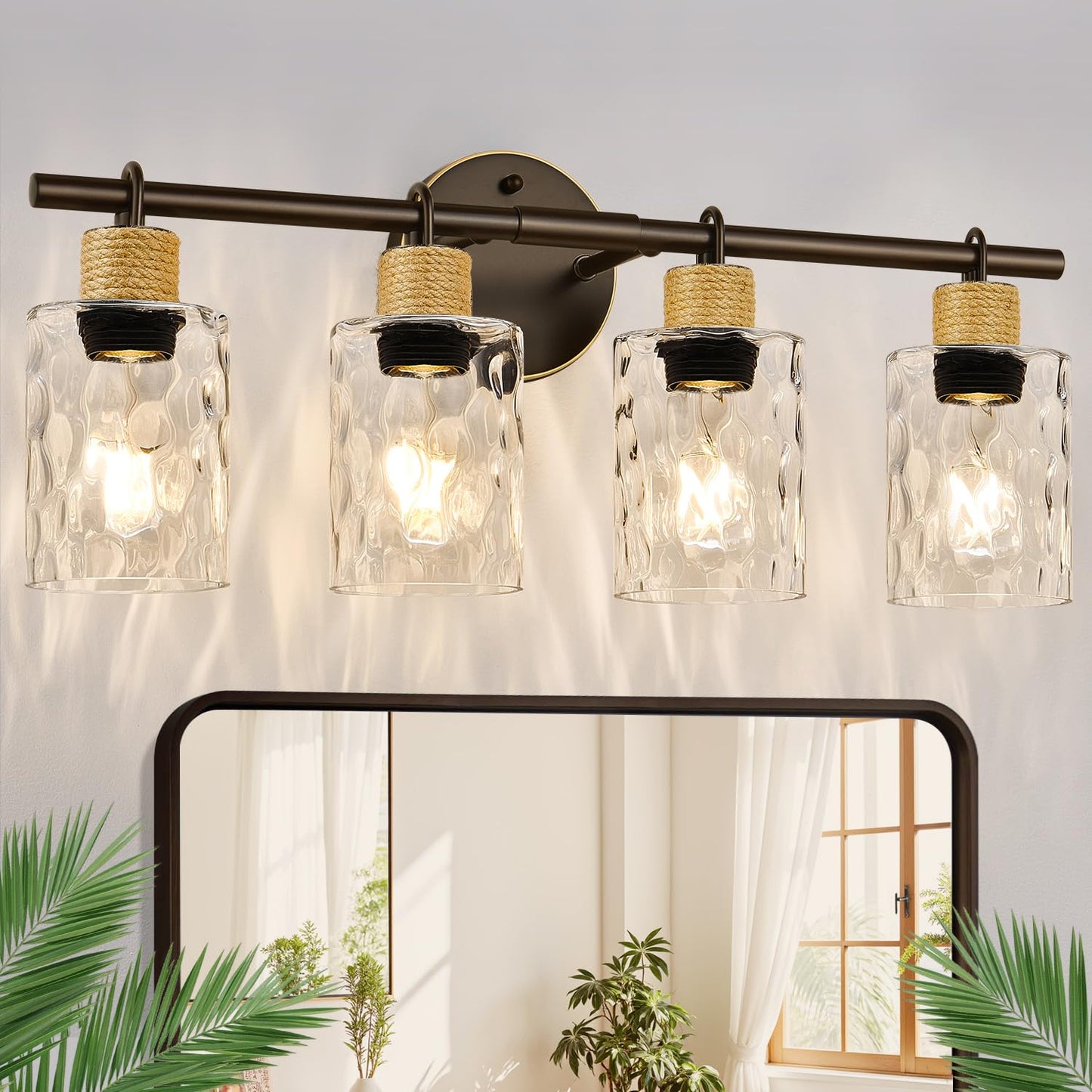 MOKATNG Bathroom Light Fixtures, 4-Light Coastal Vanity Lights with Crystal Glass Shade, Oil-Rubbed Bronze Bathroom Wall Lamp for Mirror Kitchen Hallway Cabinet
