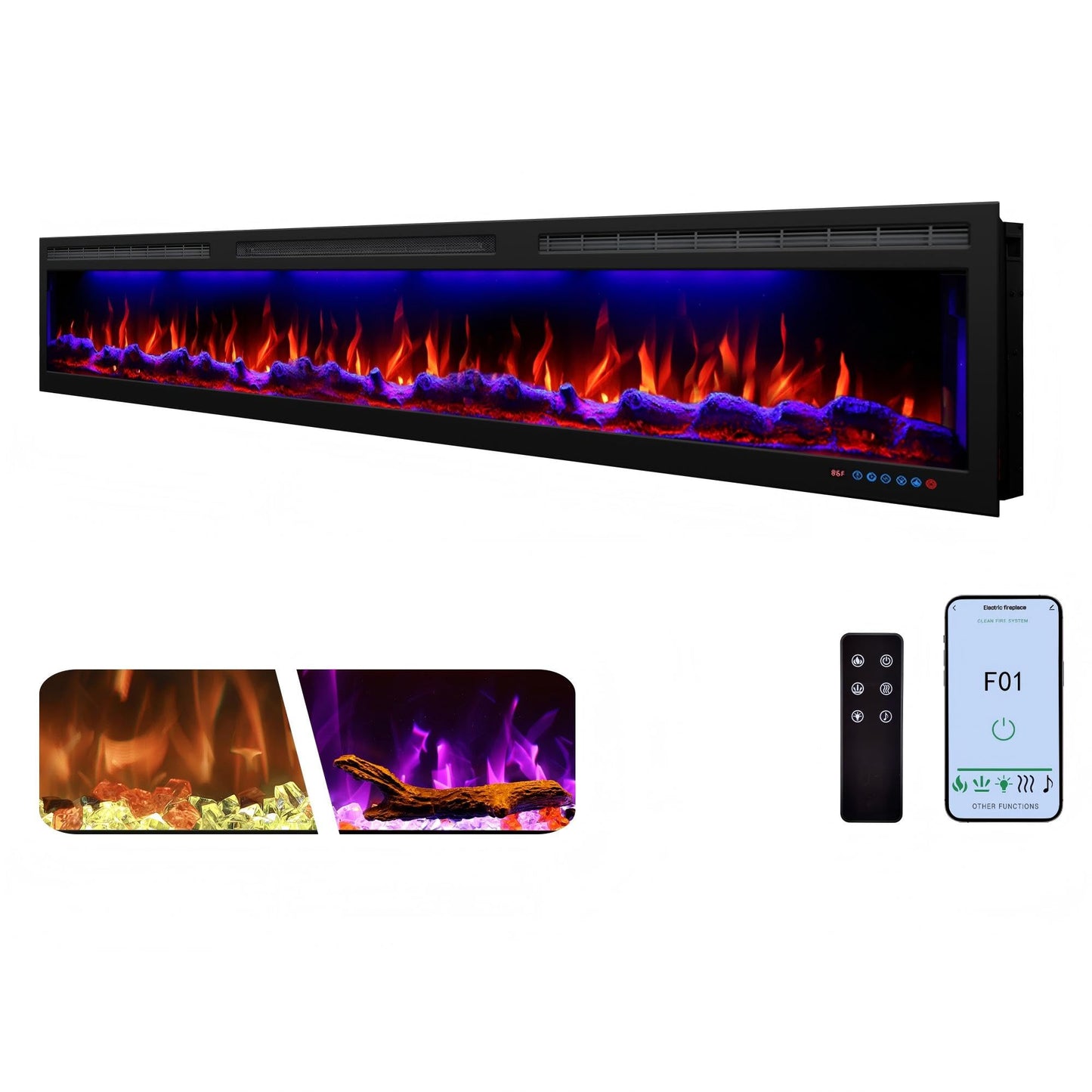 88 inch Electric Fireplace Heater, WiFi-Enabled Control via Alexa& App, Recessed and Wall Mounted Fireplace Insert w/Multicolor Realistic Flame Effects,Crackling Sound and Loget, 5100Btus, Black