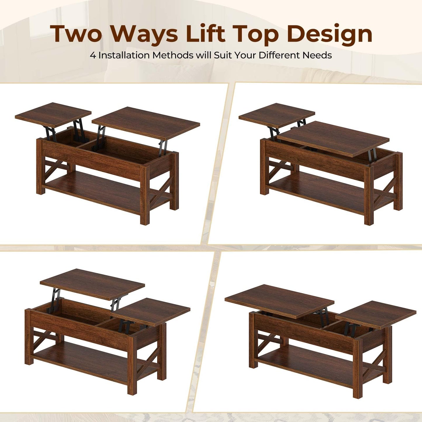 Rolanstar Coffee Table, 47.2" Lift Top with Hidden Compartment, 2 Way Lift Top Coffee Table with Open Shelf & X Wooded Support, Farmhouse Center Table for Living Room, Black